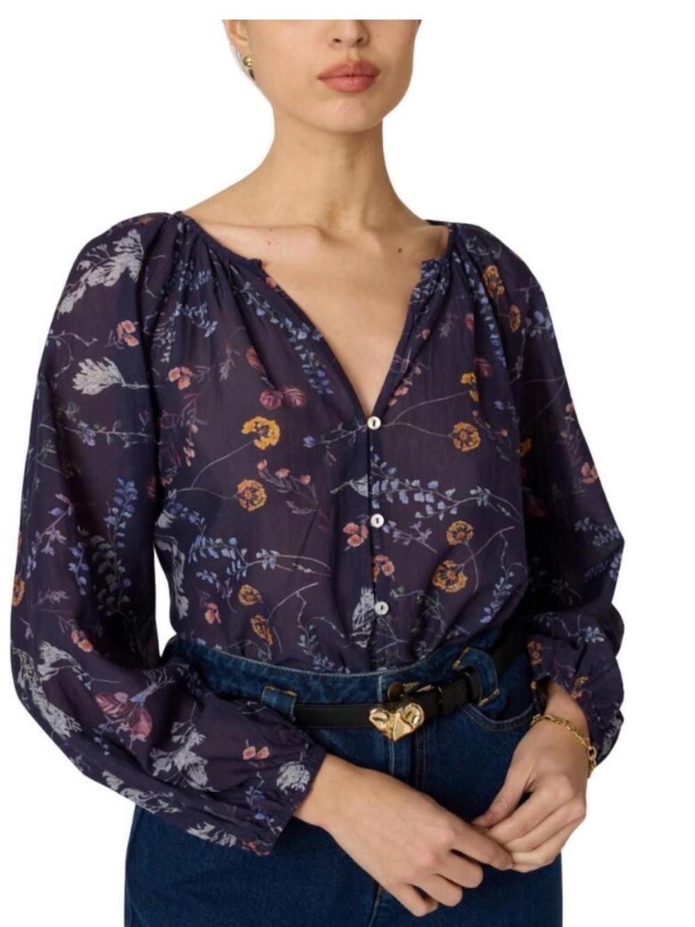Cleobella Floral Button-Front v neck Peasant Blouse size small